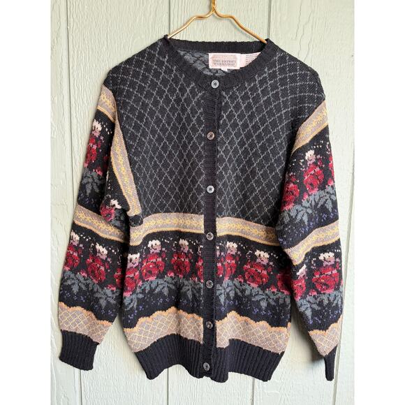 Vintage 90s Cottagecore Floral Argyle Button-Up Cardigan, Medium - Picture 1 of 7